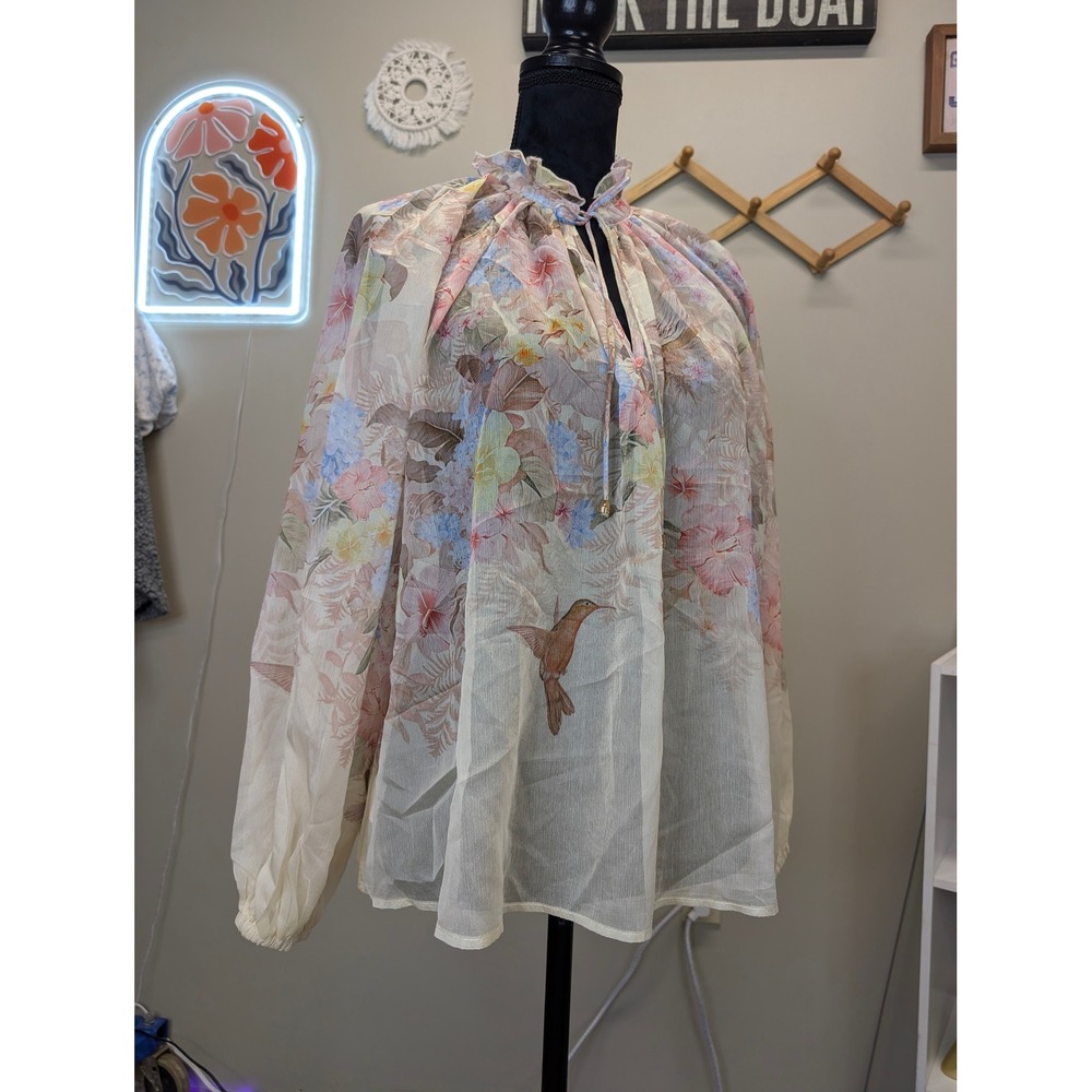Elppis Women Sheer Floral Hummingbird Blouse Ruffle Tie Neck Balloon Sleeve L